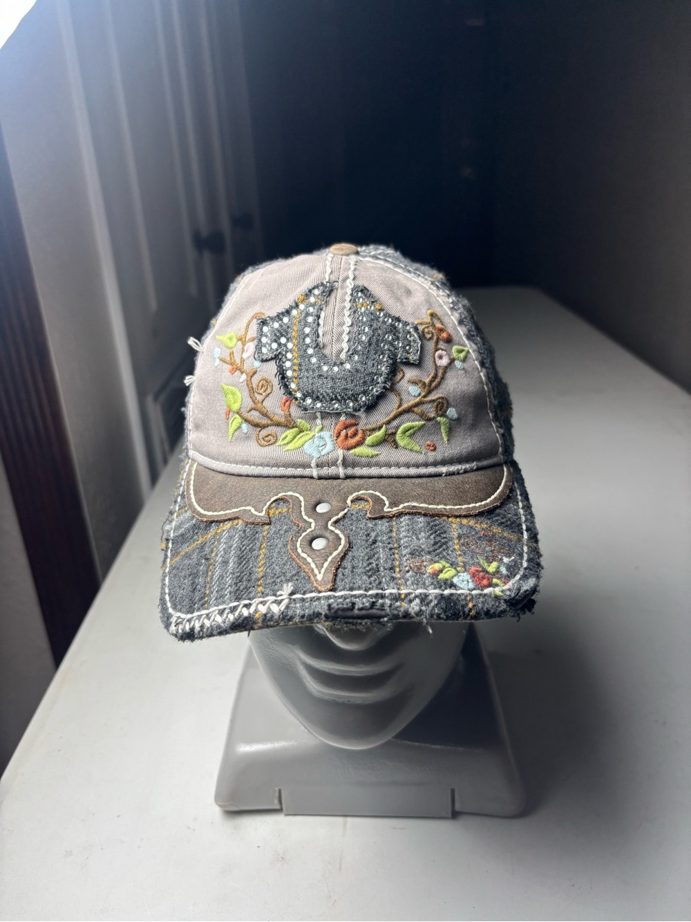 True Religion Distressed Multicolor Vintage Denim Cap Hat women Snapback